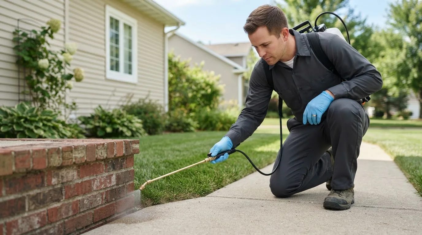 Pest control technician treating a home near Corfu, NY