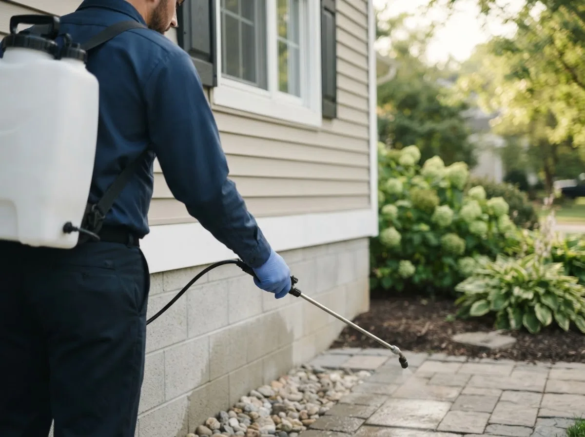 Pest control technician inspecting a home in Corfu, NY